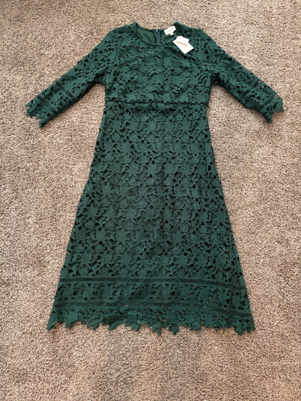 orange creek Dark Green Lace Midi Dress with Three-Quarter Sleeves